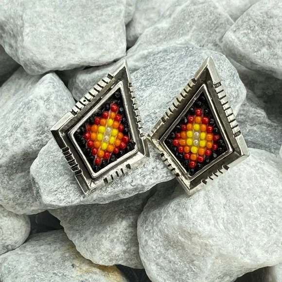 Designer Navajo Southwestern Sterling Silver Beaded Diamond Earrings Vintage 12g - Picture 6 of 9